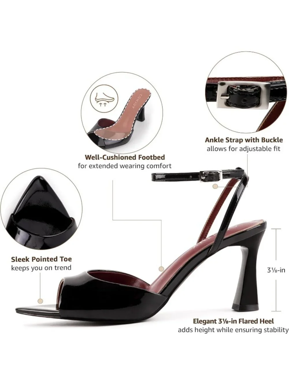 Women's Black Peep Pointed Toe Kitten Heeled Sandals Strappy Flared Heels Shoes